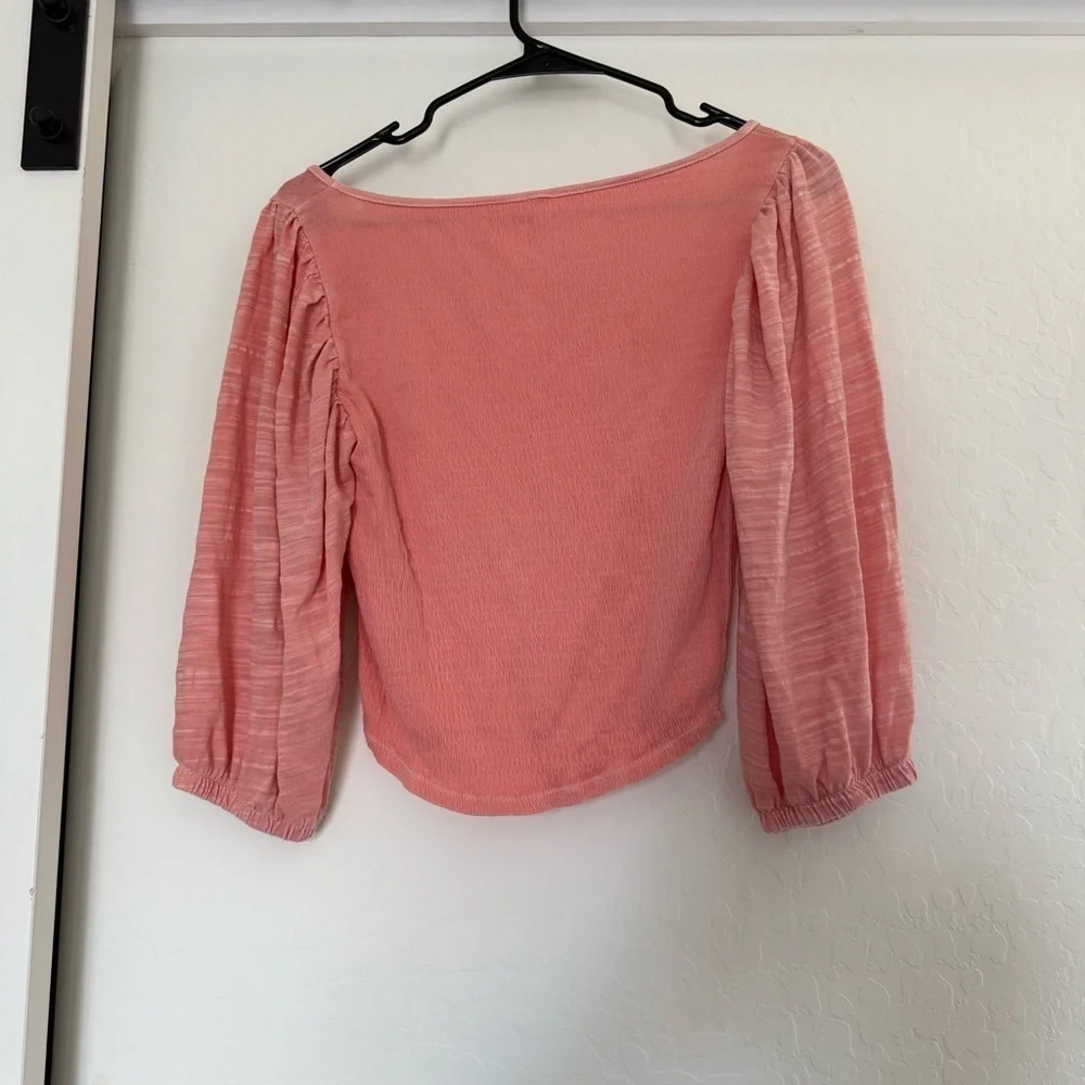 Free People Day Lily Puff Sleeve Blouse Coral Pink Boho Indie Top Textured Smock